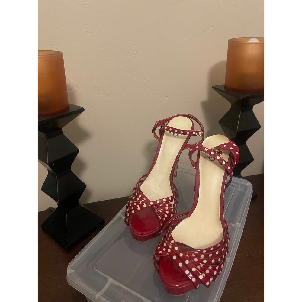 Joey Red & White Polka-Dot Strappy Platform Heels Sz 7.5